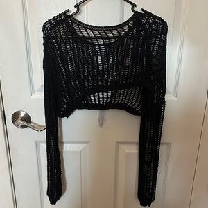 Black Crochet Long Sleeve Crop Top